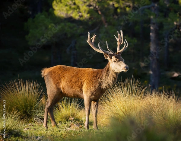 Fototapeta Side view of deer on grassy meadow in forest. Red Deer (Cervus elaphus)