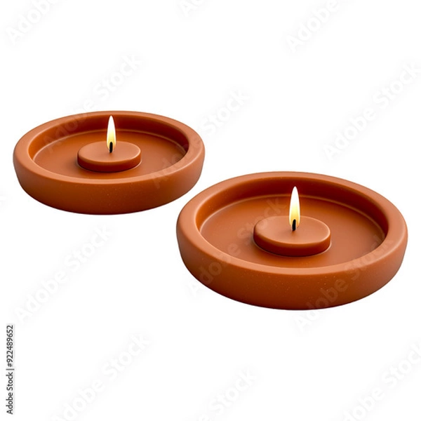 Fototapeta Two orange diwali diya candle with glowing candles isolated on png transparent background