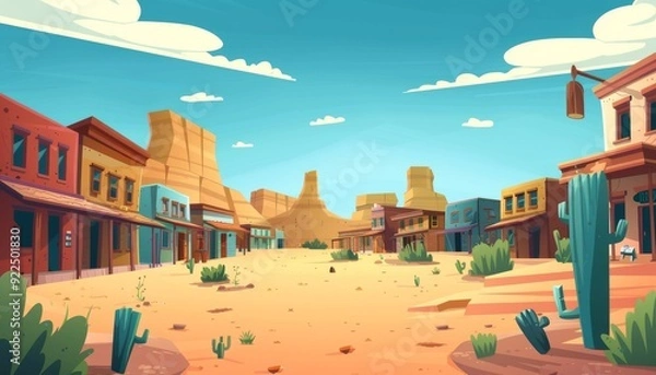 Fototapeta Wild West Town. Deserted Oasis in the Wild West. Forgotten Western Town. Cartoon game illustration background.