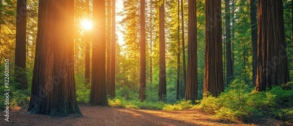 Fototapeta Sunlight Filtering Through Redwood Trees in a Lush Forest