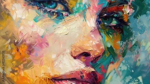 Fototapeta A vibrant, abstract portrait showcasing colorful brushstrokes and expressive facial features.