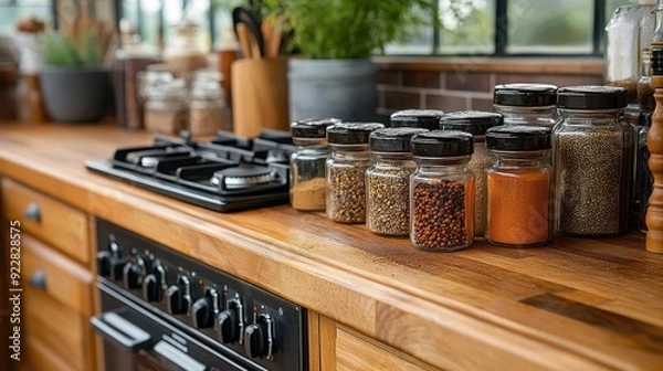 Fototapeta Spices in Glass Jars on Kitchen Countertop.