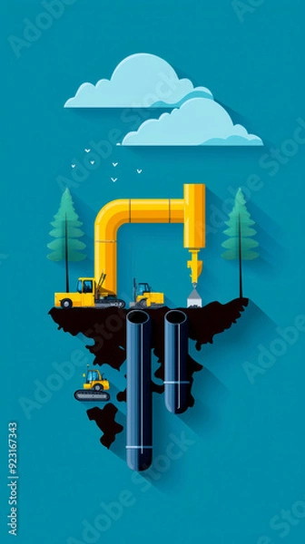 Fototapeta A colorful illustration depicting construction work with machinery, trees, clouds, and pipelines in a stylized design.