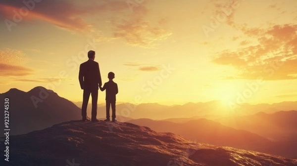 Fototapeta Father and Son Silhouettes at Sunset