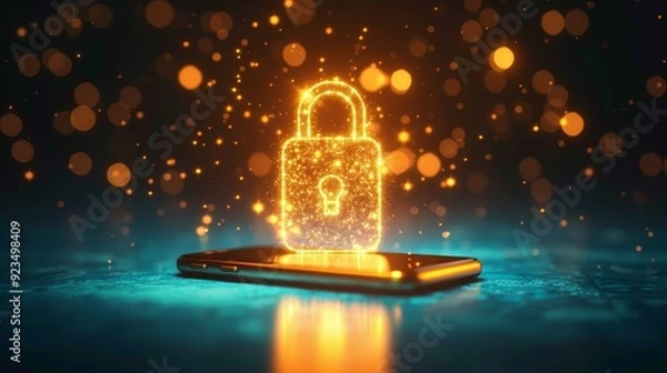 Fototapeta Glowing padlock hologram over smartphone for cybersecurity