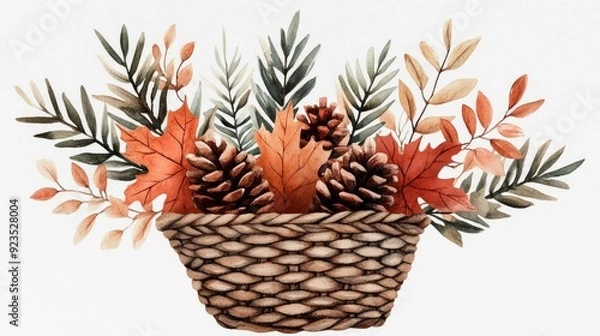 Fototapeta Cozy autumn planner clipart in a watercolor painting style featuring a woven basket filled with fall leaves pinecones and other natural elements on a plain white background  Ideal for planning