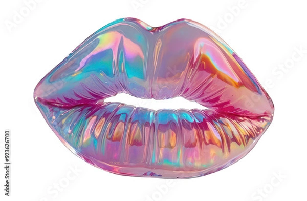 Fototapeta Holographic element in Y2K style, lips isolated on transparent background. Inflated 3D chrome holographic sticker, kiss.