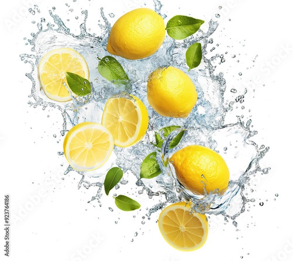 Fototapeta yellow lemon falling into water with splash style