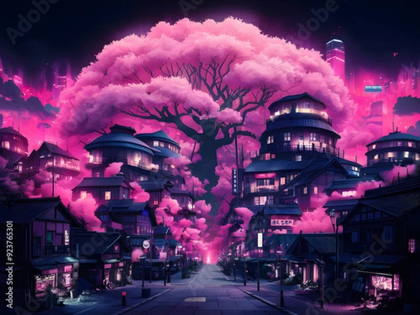 Fototapeta Fantasy Japanese night view city citycape, neon pink light, residential buildings, big sakura tree. Night urban fantasy downtown background. 3D illustration