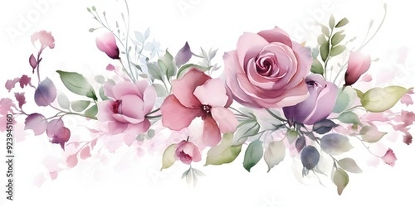 Fototapeta Bouquet of pink roses with green leaves watercolour