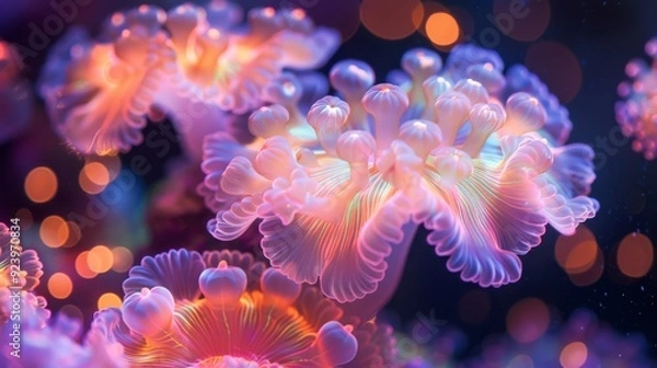 Fototapeta Floating Neon Coral Blooms: Coral blooms with neon colors, floating in a serene ocean environment.