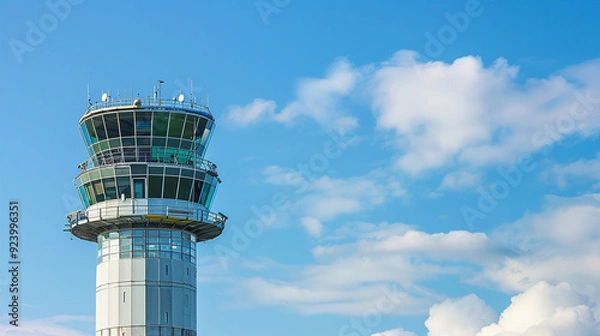 Fototapeta Close-up of the airport control tower against a blue sky, showing the tower's details and windows