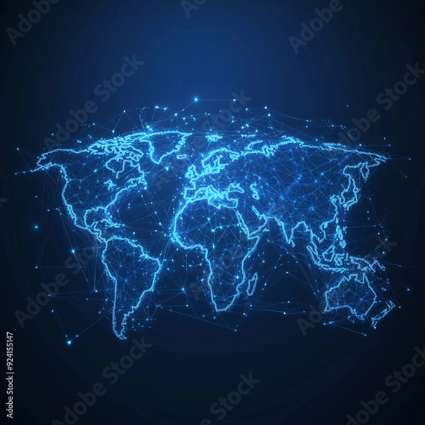 Fototapeta Interconnected world map highlighting global trade and economic ties, showcasing a global network of connectivity with data transfer, cyber technology, information exchange