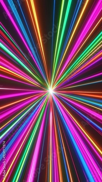 Fototapeta Abstract background with glowing neon lines converging towards a central bright spot, perfect for energetic and modern designs related to nightlife, clubs, parties, music, and entertainment