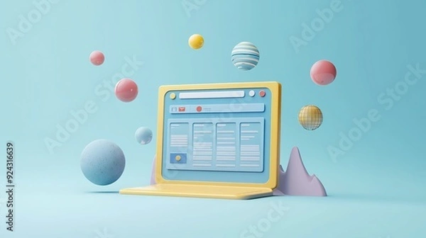 Fototapeta 3D Cartoon Laptop with Colorful Balls and Mountains on Blue Background.