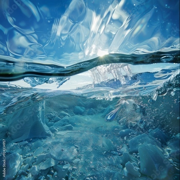 Fototapeta Underwater view of ice formations with sunlight shining through.