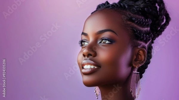 Fototapeta An African American woman with a warm smile and braided hair, wearing pink earrings. The purple background and vibrant makeup accentuate her glowing skin and joyful expression.