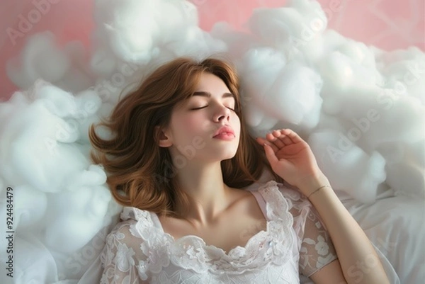 Fototapeta portrait of a beautiful young girl woman sleeping on a cloud in the sky around clouds