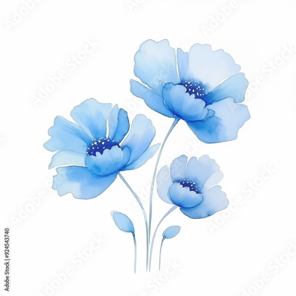 Fototapeta A serene watercolor illustration featuring poppy flowers in shades of blue, capturing the calmness and elegance of nature.