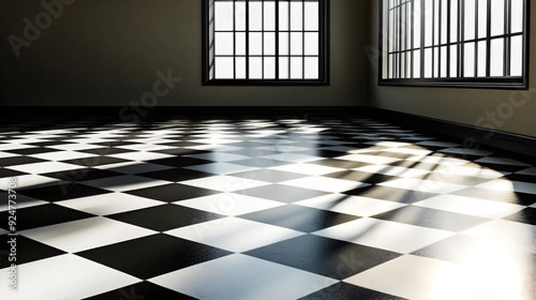 Fototapeta A detailed shot of a black and white checkerboard floor with natural light highlighting the tiles and creating shadows on the surface