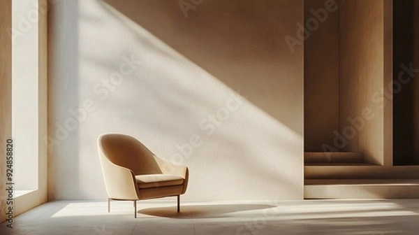 Fototapeta Minimalist Interior Design with Beige Armchair and Sunlight.