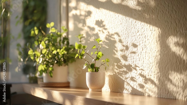 Fototapeta Sunlit Indoor Plants and Shadow Play on a Wall, creating a captivating atmosphere indoors