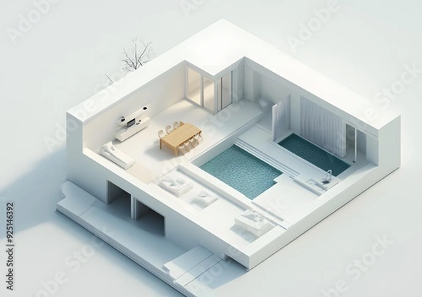 Fototapeta Minimalist 3D Model of a Modern House with a Swimming Pool