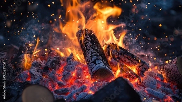 Fototapeta A vibrant fire burning at the center of a wood pile, with flames dancing and sparks flying into the air