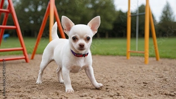 Fototapeta Cream smooth coat chihuahua dog in the playground