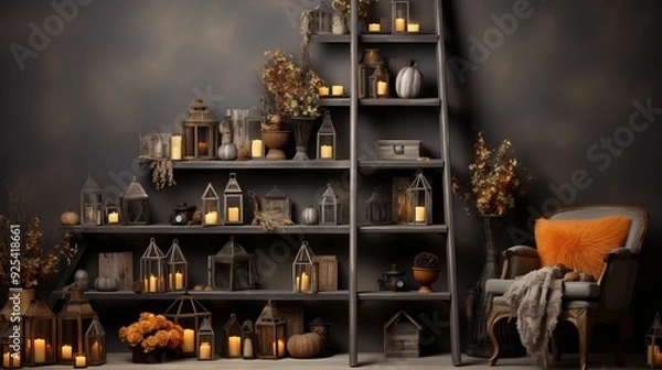 Fototapeta Wooden ladder with Halloween decor near light wall.