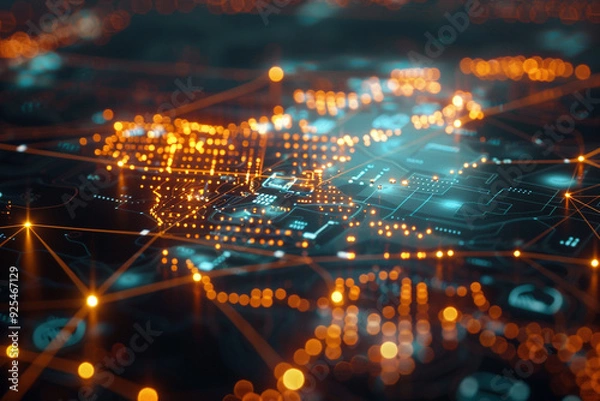 Fototapeta Digital Network Map with Orange and Blue Glowing Lights