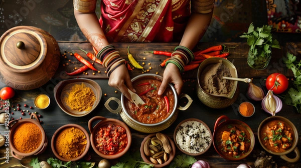 Fototapeta A woman in traditional Indian attire is preparing curry using various spices. The table is filled with different ingredients, including chili peppers, tomatoes, onions, and various seasonings