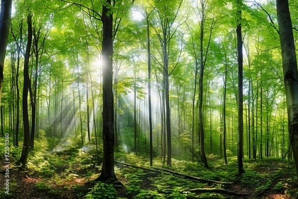 Fototapeta Panoramic view of a vibrant spring forest with sunlight filtering through tall tree trunks and green foliage, showcasing a serene natural landscape.