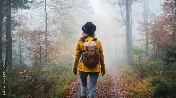 Fototapeta Person with a yellow jacket and brown backpack walking on a misty forest path during autumn.