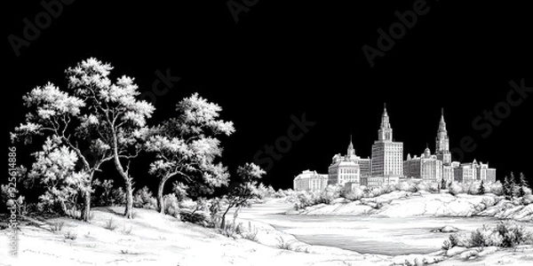 Fototapeta Monochrome Winter Wonderland: Snow-Covered Countryside with Trees and a Distant Town against a Black Sky