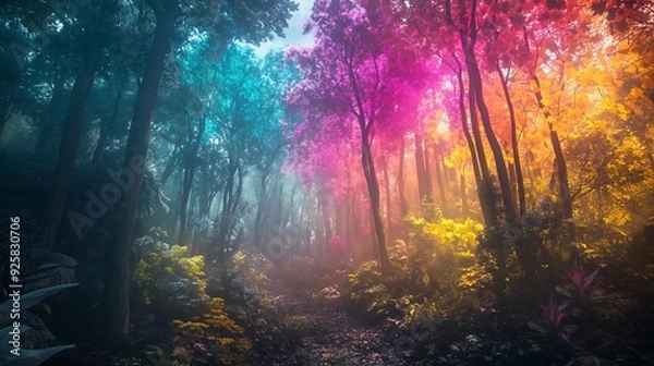 Fototapeta fantasy, lush dense forest, multicolored leaves on the trees, bright, vibrant, magical, mystical 