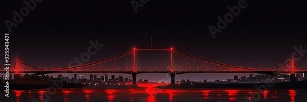 Fototapeta Redlit suspension bridge in city skyline reflecting water. Perfect for travel brochures, urban landscapes, architecture websites, and citythemed designs.
