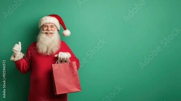 Fototapeta Jolly Santa Claus Holding a Festive Shopping Bag with Cheerful Smile on Green Background, Generative Ai