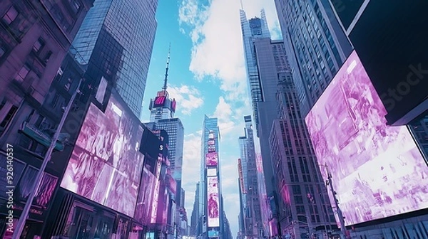 Fototapeta Futuristic cityscape with holographic billboards and AI-optimized public spaces