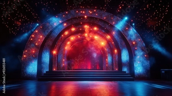 Fototapeta Electrifying Stage with Vibrant Archway and Dynamic Lights, Festive Ambiance for Exciting Performance