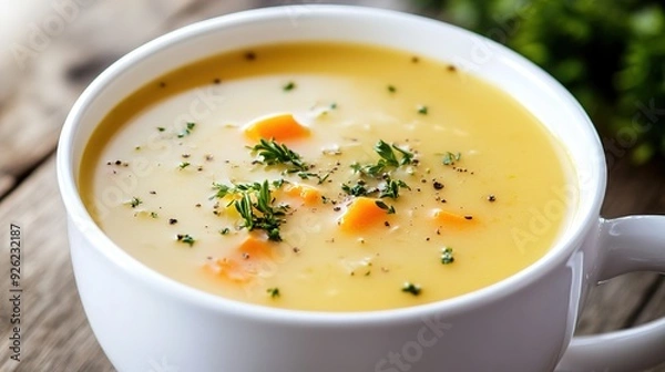 Fototapeta Traditional Russian Soup Served in a White Bowl