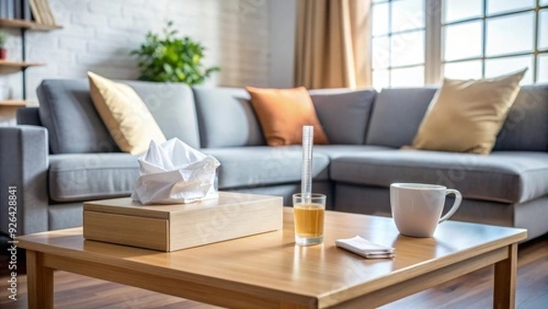 Fototapeta A deserted living room with a thermometer, tissue box, and medication on the coffee table, conveying the message to self-isolate when unwell.