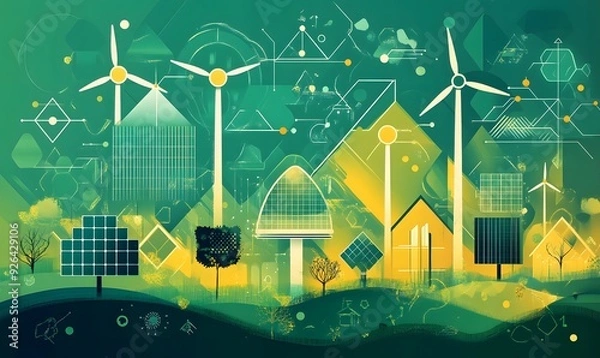 Fototapeta Abstract Illustration of a Green and Yellow Cityscape with Wind Turbines and Solar Panels