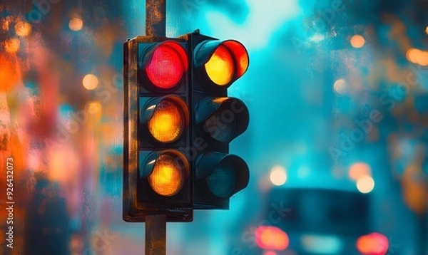 Fototapeta A Single Traffic Light With Its Amber Light Illuminated, A Blurred Background of Lights and Vehicles