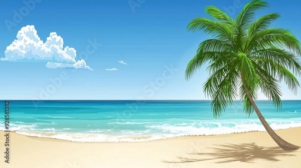 Obraz Serene Beach Scene with Palm Trees and Rolling Waves Under a Sunny Sky Full of Warm Tones