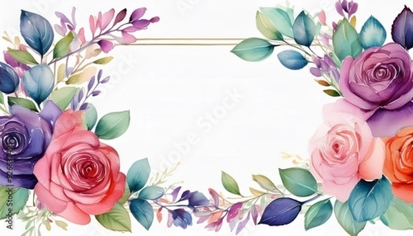 Fototapeta Watercolor floral frame with leaves and background roses, generative IA