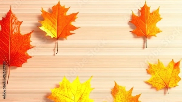 Fototapeta Autumn leaves on wooden background with copy space, view from above.