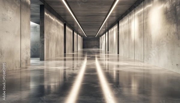 Fototapeta Sleek Industrial Hallway with Polished Concrete Floor and Raw Walls