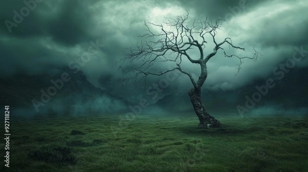 Fototapeta A lone, bare tree stands in a misty field, framed by dark mountains and ominous clouds.