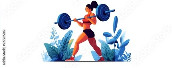 Fototapeta A strong woman lifting weights, showcasing fitness and determination in a vibrant, nature-inspired setting.